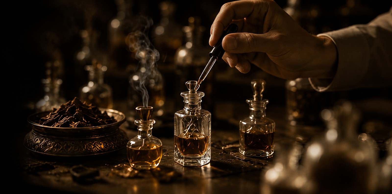 Master perfumer crafting oud essence in the Neeluvé atelier